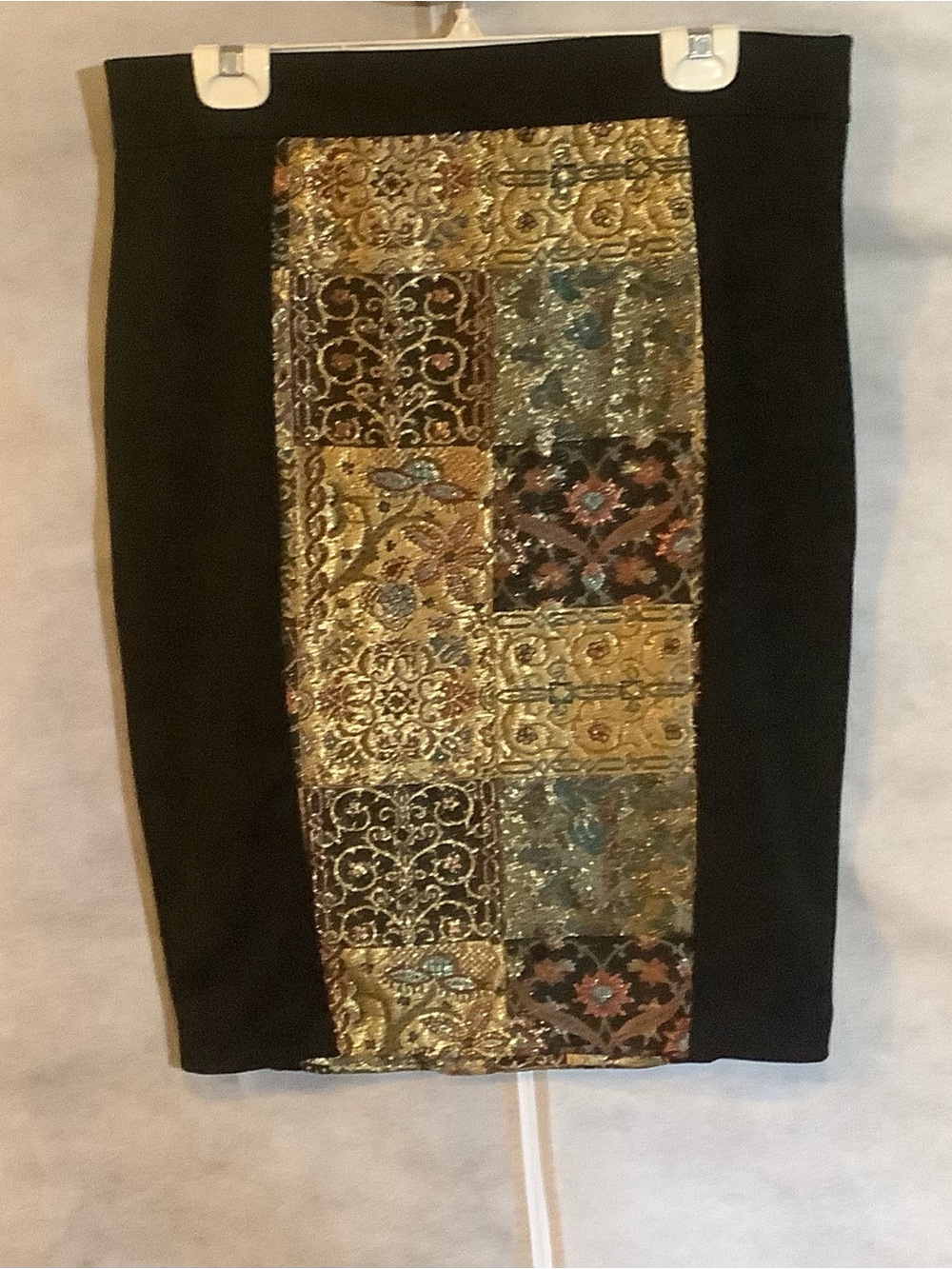 VENUS Black Pencil Skirt with Metallic Brocade Center Panel